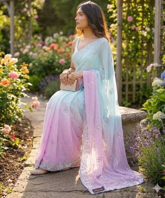Sky blue-pink twin padding pixel crush smart and sophisticated girlie saree 2