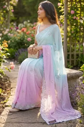 Sky blue-pink twin padding pixel crush smart and sophisticated girlie saree