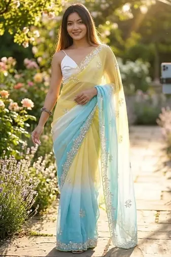 Yellow-sky blue twin padding color pixel crush fabric smart and sophisticated girlie saree