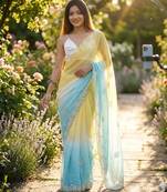 Yellow-sky blue twin padding color pixel crush fabric smart and sophisticated girlie saree