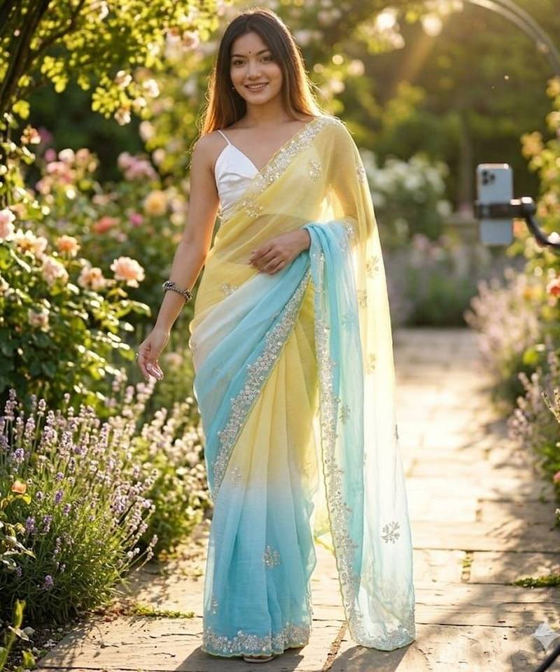 Yellow-sky blue twin padding color pixel crush fabric smart and sophisticated girlie saree