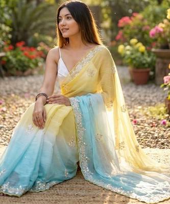 Yellow-sky blue twin padding pixel crush smart and sophisticated girlie saree 2