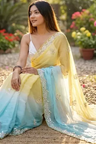 Yellow-sky blue twin padding pixel crush smart and sophisticated girlie saree