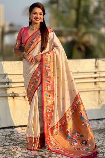 Cream color sophisitcated paithani silk saree with meenakari woven designer
