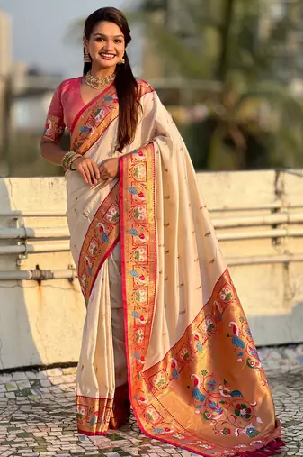 Cream color sophisitcated paithani silk saree with meenakari woven designer
