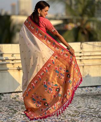 Cream sophisitcated paithani silk blend saree with meenakari woven  2