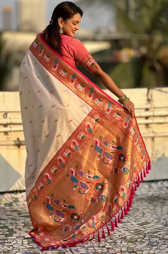 Cream sophisitcated paithani silk blend saree with meenakari woven 
