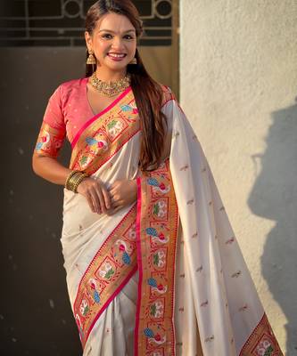 Cream sophisitcated paithani silk blend saree with meenakari woven  3