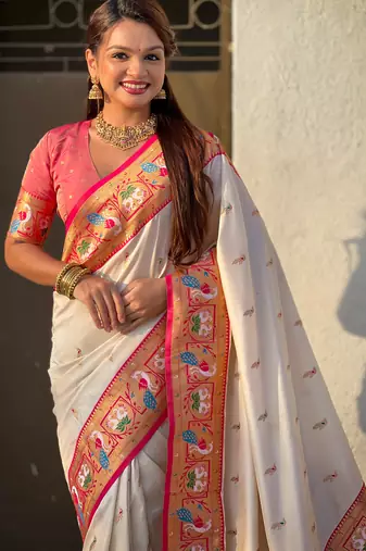 Cream sophisitcated paithani silk blend saree with meenakari woven 