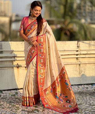 Cream sophisitcated paithani silk blend saree with meenakari woven  4