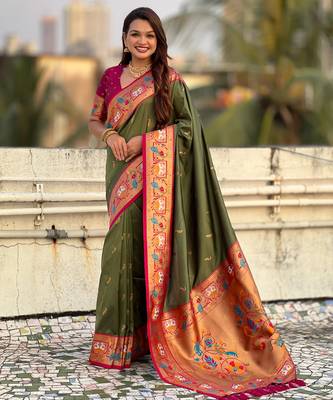 Mahendi sophisitcated paithani silk blend saree with meenakari woven  1
