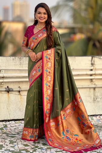 Mahendi color sophisitcated paithani silk saree with meenakari woven designer