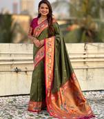Mahendi color sophisitcated paithani silk saree with meenakari woven designer