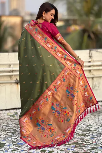 Mahendi sophisitcated paithani silk blend saree with meenakari woven 