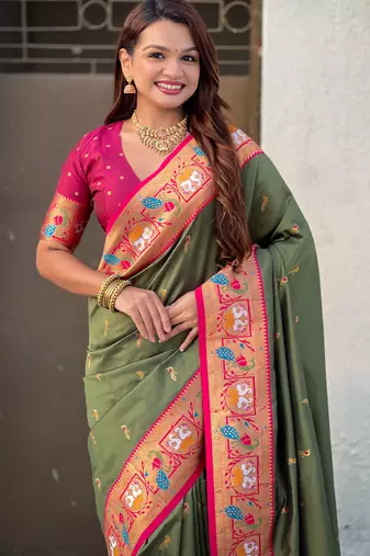 Mahendi sophisitcated paithani silk blend saree with meenakari woven 