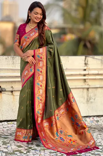 Mahendi sophisitcated paithani silk blend saree with meenakari woven 