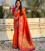 Orange color sophisitcated paithani silk saree with meenakari woven designer