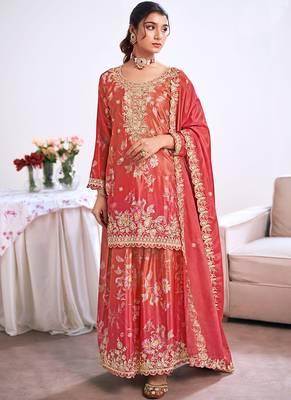 Red embroidery chinon silk salwar suit 1