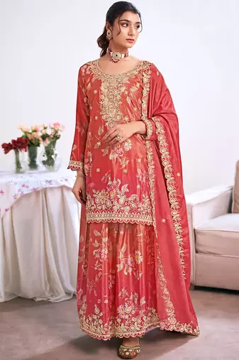 Red embroidery chinon silk salwar suit