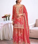 Red embroidery chinon silk salwar suit