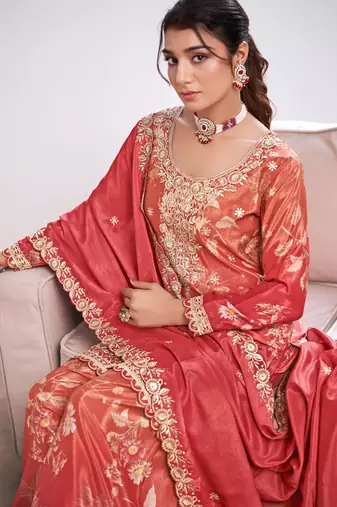 Red embroidery chinon silk salwar suit