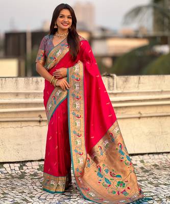 Pink sophisitcated paithani silk blend saree with meenakari woven  1