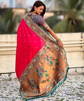 Pink sophisitcated paithani silk blend saree with meenakari woven  2