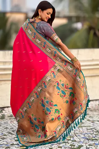 Pink sophisitcated paithani silk blend saree with meenakari woven 