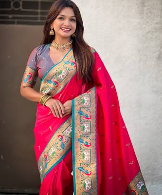 Pink sophisitcated paithani silk blend saree with meenakari woven  3