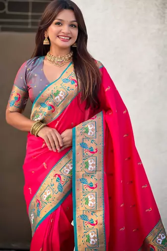 Pink sophisitcated paithani silk blend saree with meenakari woven 
