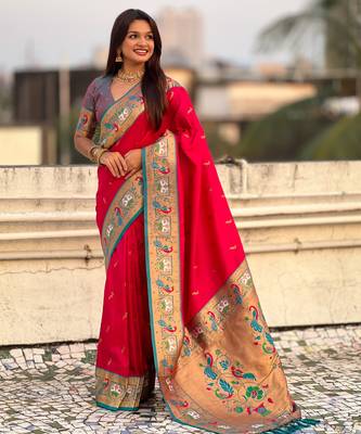 Pink sophisitcated paithani silk blend saree with meenakari woven  4