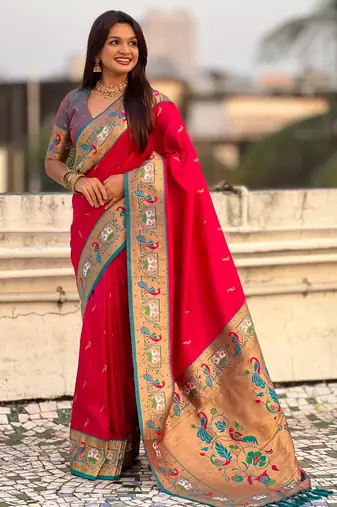 Pink sophisitcated paithani silk blend saree with meenakari woven 
