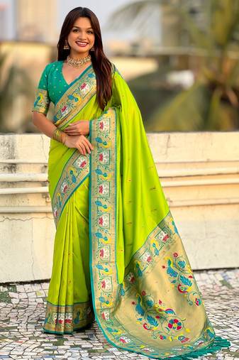 Parrot green color sophisitcated paithani silk saree with meenakari woven designer