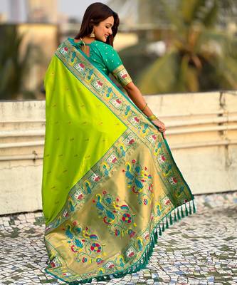 Parrot green sophisitcated paithani silk blend saree with meenakari woven  2