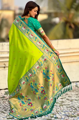 Parrot green sophisitcated paithani silk blend saree with meenakari woven 