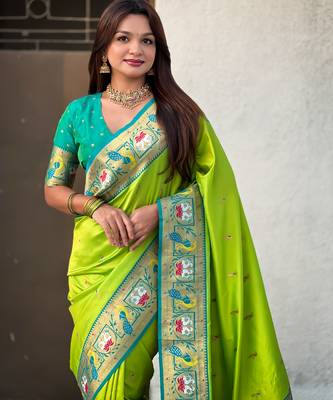 Parrot green sophisitcated paithani silk blend saree with meenakari woven  3