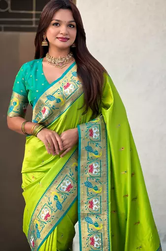 Parrot green sophisitcated paithani silk blend saree with meenakari woven 