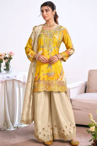 Yellow embroidery chinon silk salwar suit