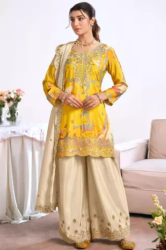 Yellow embroidery chinon silk salwar suit
