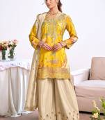 Yellow embroidery chinon silk salwar suit
