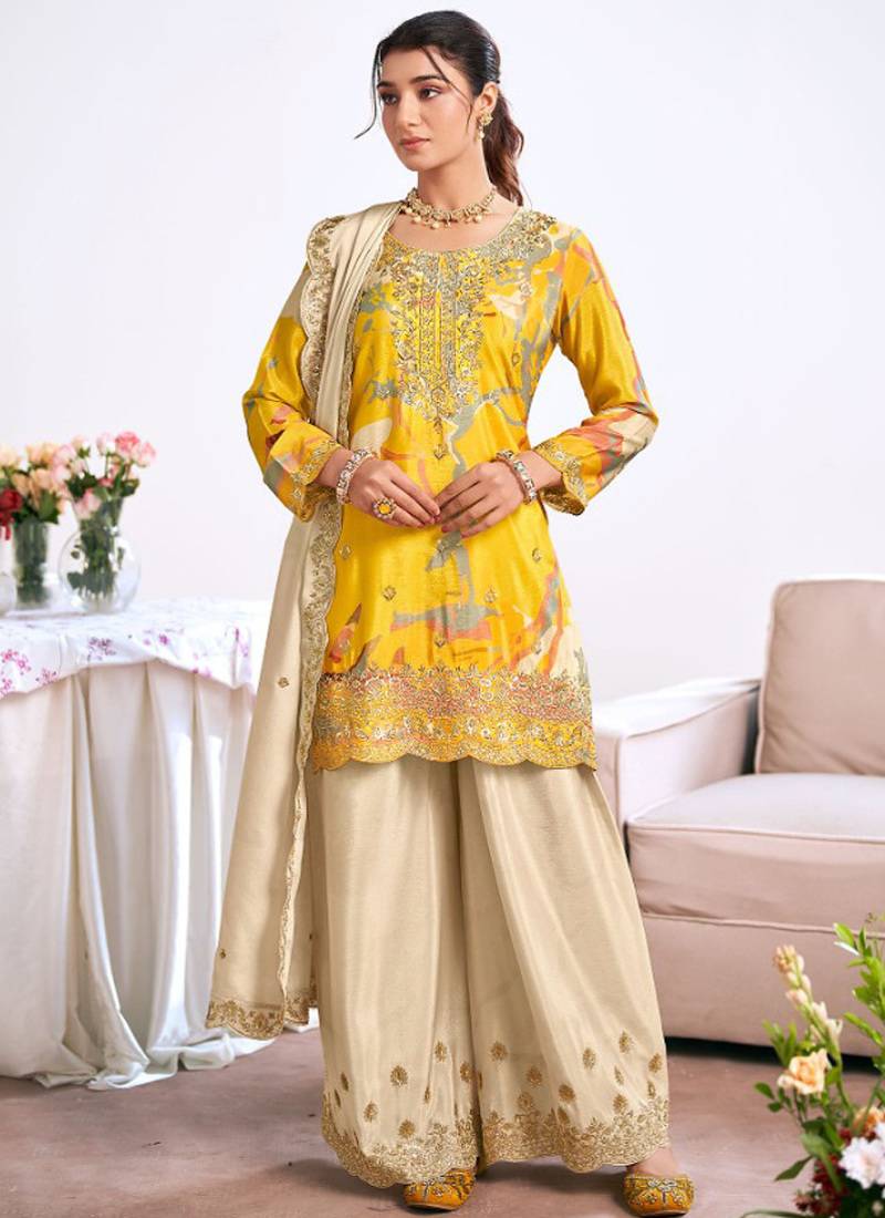 Yellow embroidery chinon silk salwar suit