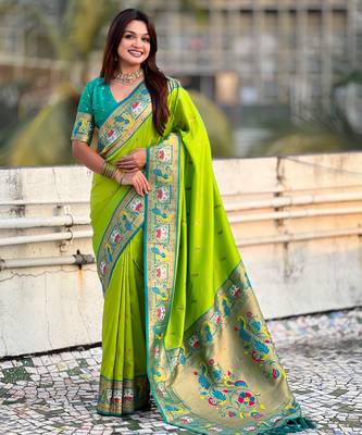 Parrot green sophisitcated paithani silk blend saree with meenakari woven  4