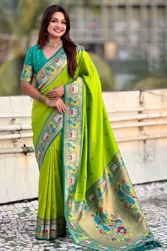 Parrot green sophisitcated paithani silk blend saree with meenakari woven 