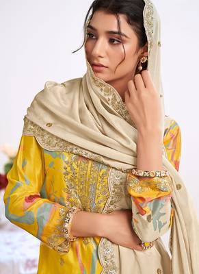Yellow embroidery chinon silk salwar suit 2