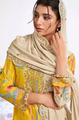 Yellow embroidery chinon silk salwar suit