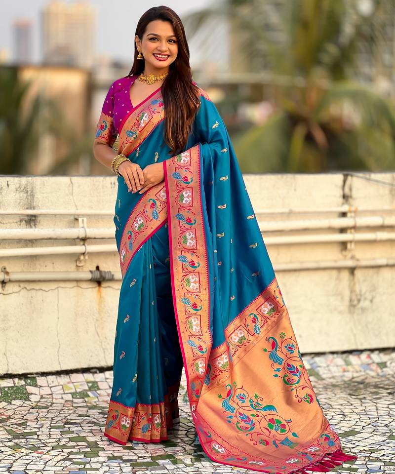 Blue color sophisitcated paithani silk saree with meenakari woven designer
