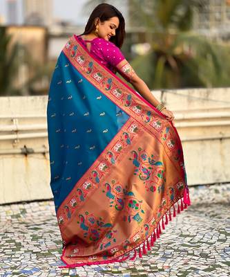 Blue sophisitcated paithani silk blend saree with meenakari woven  2