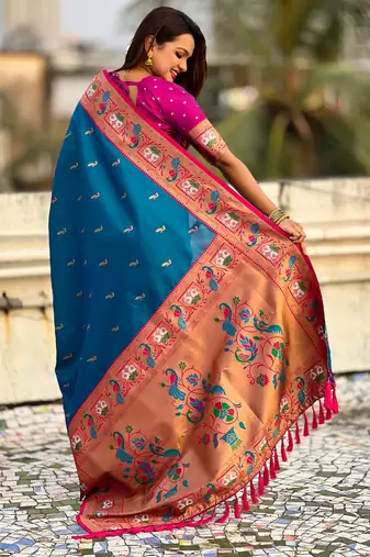 Blue sophisitcated paithani silk blend saree with meenakari woven 