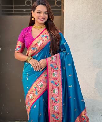 Blue sophisitcated paithani silk blend saree with meenakari woven  3