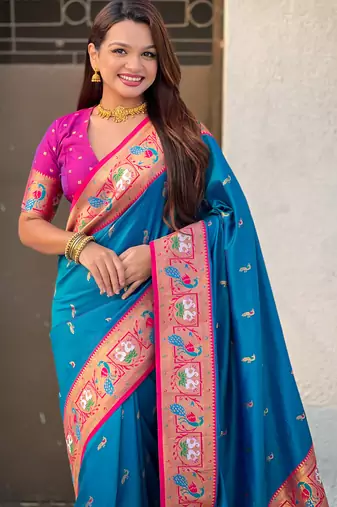 Blue sophisitcated paithani silk blend saree with meenakari woven 